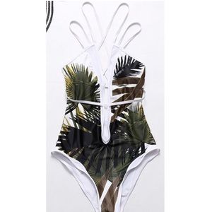 One piece swimsuit with dark-green leaf print